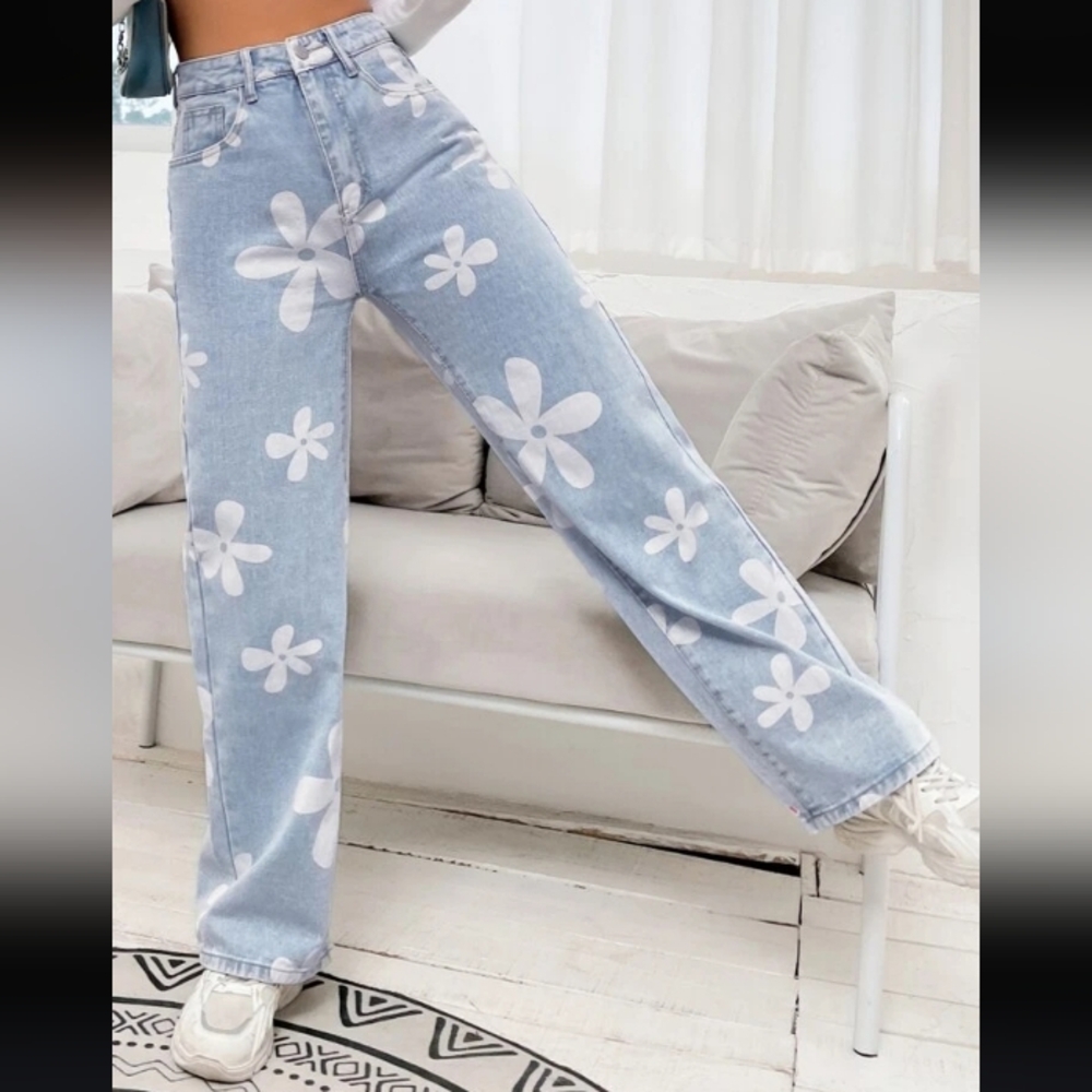 XS SHEIN Flower Print High Rise Jeans Light Wash Festival Jeans Cotton Blend